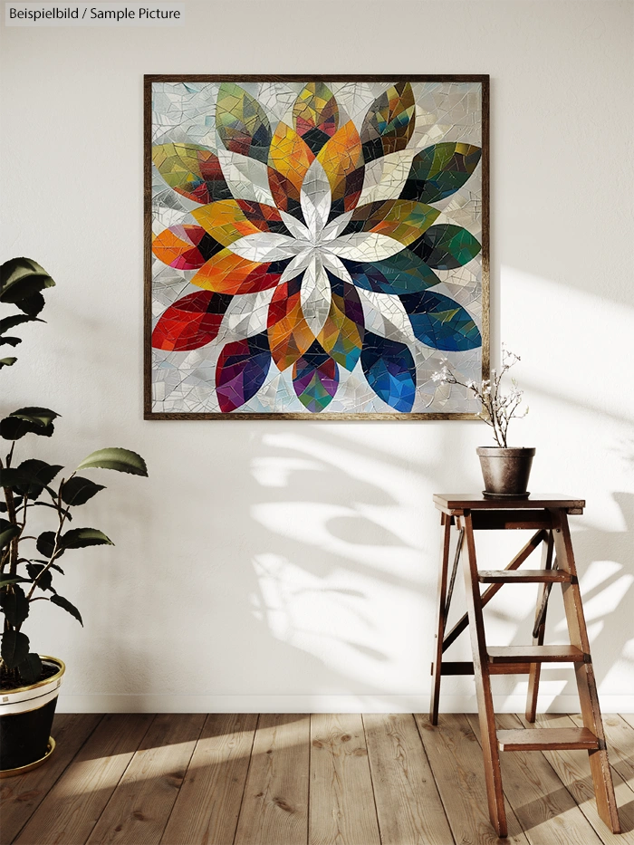 Framed colorful geometric abstract painting on white wall, with wooden ladder shelf and potted plants nearby.