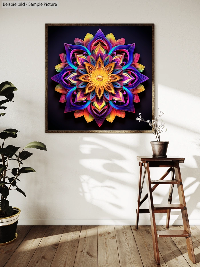 Colorful floral mandala art piece on wall above wooden stool and plant, casting shadows on wooden floor.