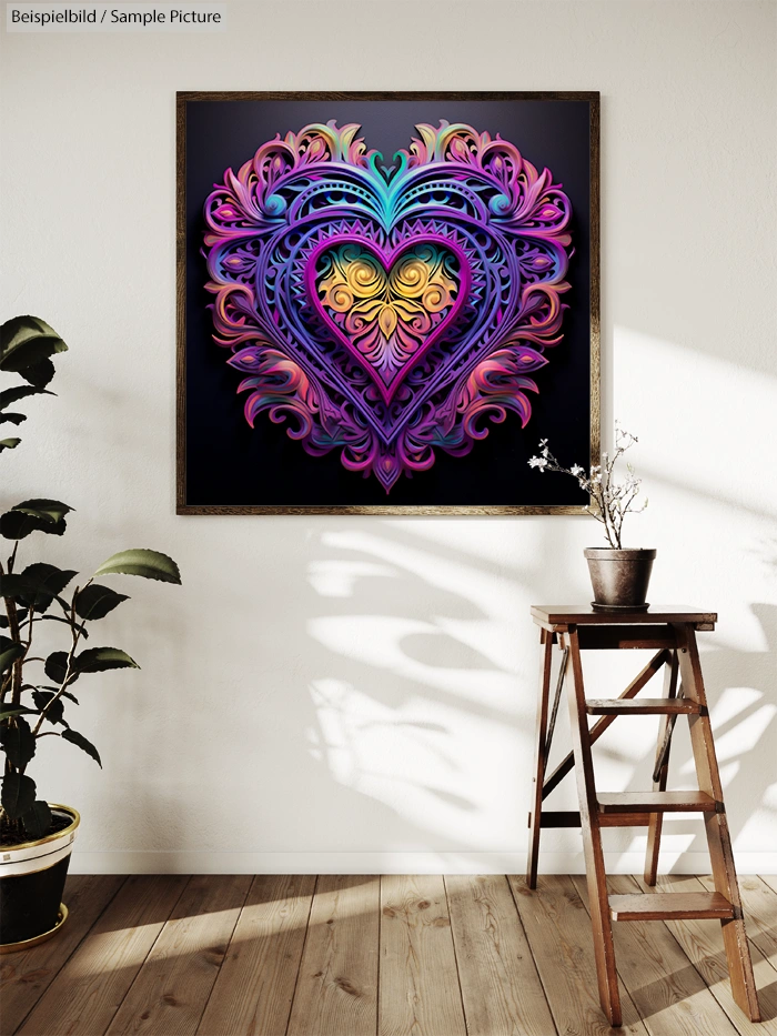 Framed artwork featuring a vibrant, ornate heart design on a wall, with plants and a wooden ladder nearby.