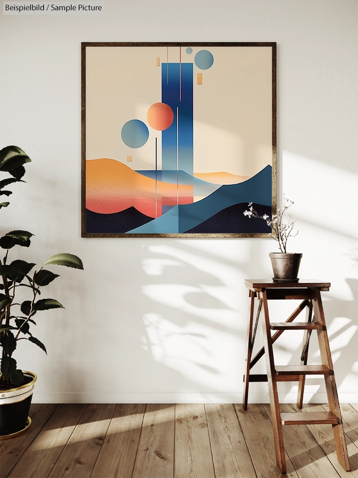 Modern abstract art with geometric shapes and sunset colors, framed on a wall beside a plant and stool in a sunlit room.