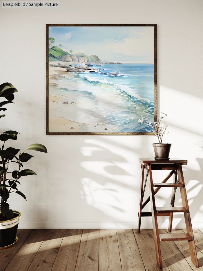 Seascape painting of waves on a beach in a framed picture, displayed in a well-lit room with plants and a wooden stool.