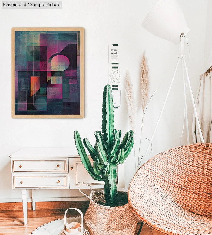 Bohemian living room with a cactus, wicker chair, abstract art, and a white floor lamp.