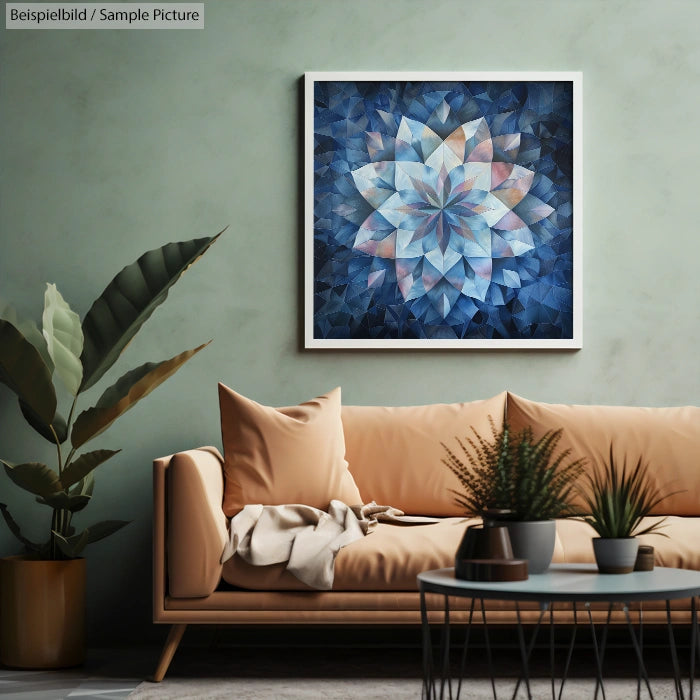 Living room with a geometric blue and white lotus artwork above a beige sofa, potted plants nearby.