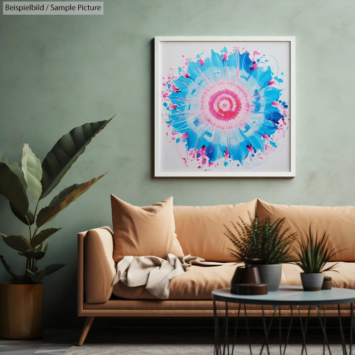 Modern living room with beige sofa, potted plant, and abstract blue and pink artwork on light teal wall.