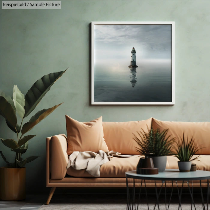 Modern living room with beige sofa, plants, and a lighthouse artwork on a misty sea wall.