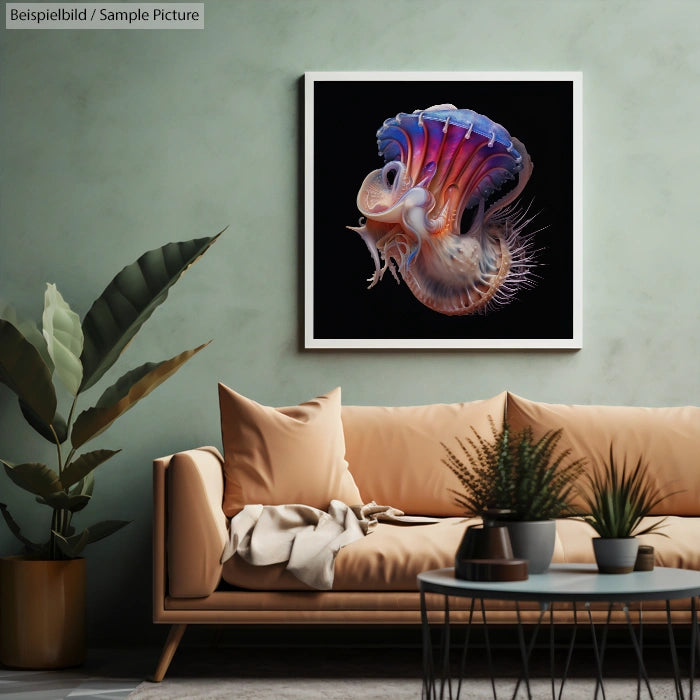 Abstract artwork of surreal marine creature in a living room with a peach sofa and potted plant.