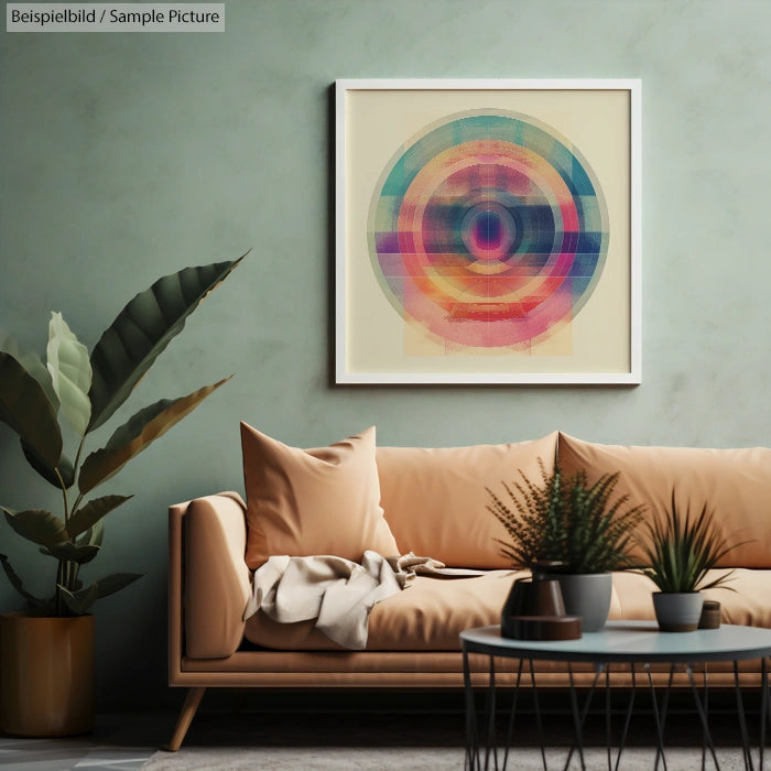 Modern living room with abstract colorful circle art, beige couch, green plant, and round coffee table on a gray rug.