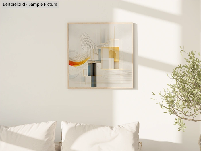 Modern abstract painting with geometric shapes in yellow, orange, and black hues on a white wall above a couch.