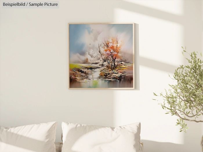 Abstract landscape painting with autumn trees on white wall above beige sofa and plant.