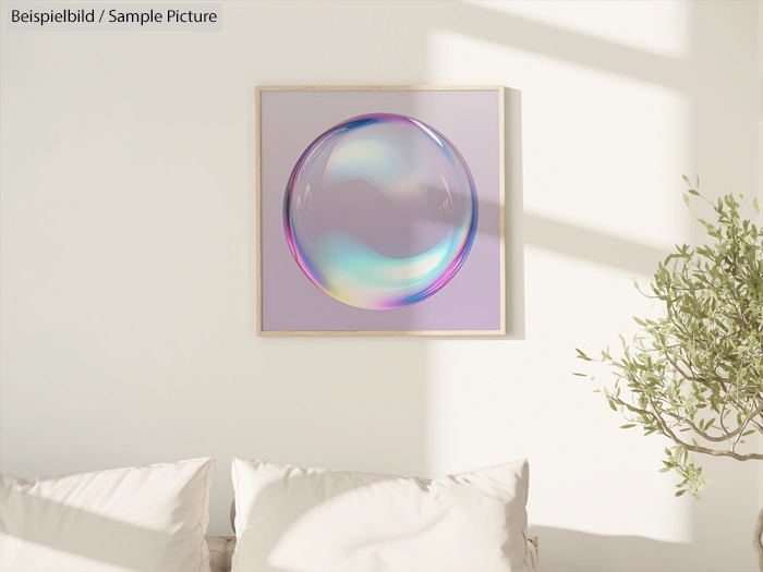 Framed abstract artwork with a purple and blue circular design on a wall above a white couch.