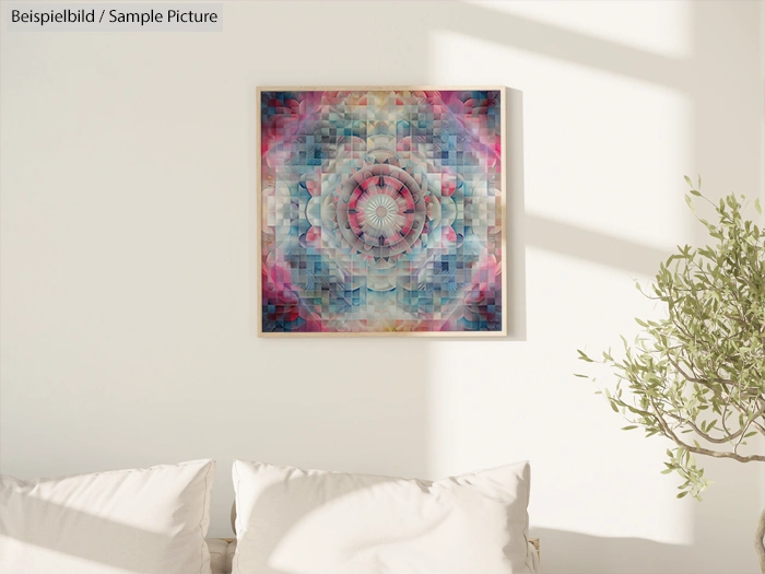 Modern living room with geometric mandala artwork in pastel colors on white wall.