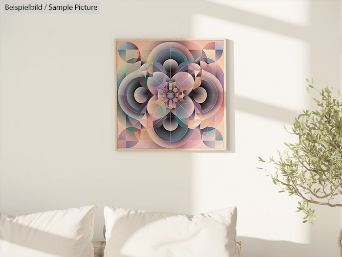 Abstract geometric artwork with pastel colors on a wall above a white sofa, next to a green plant in sunlight.