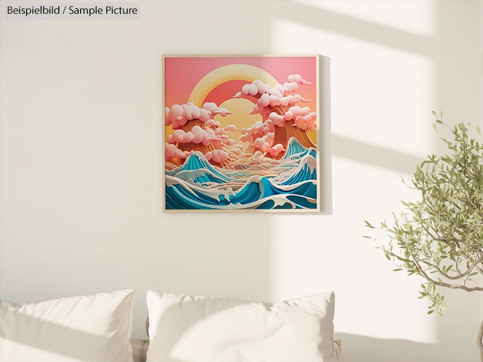 Framed painting of colorful waves and clouds on a pink background, hung on a sunlit wall above a white sofa.