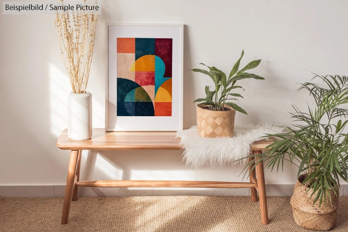 Modern interior with wooden bench, abstract geometric art, plants, and a soft rug on a woven floor mat.