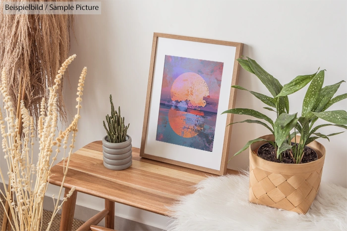 Decorative print on wooden surface with plants; framed abstract art near cactus and leafy potted plant.