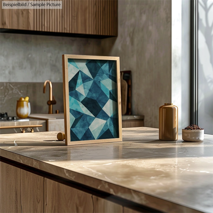 Modern kitchen with wooden cabinets, marble countertop, and abstract blue geometric artwork in a wooden frame.