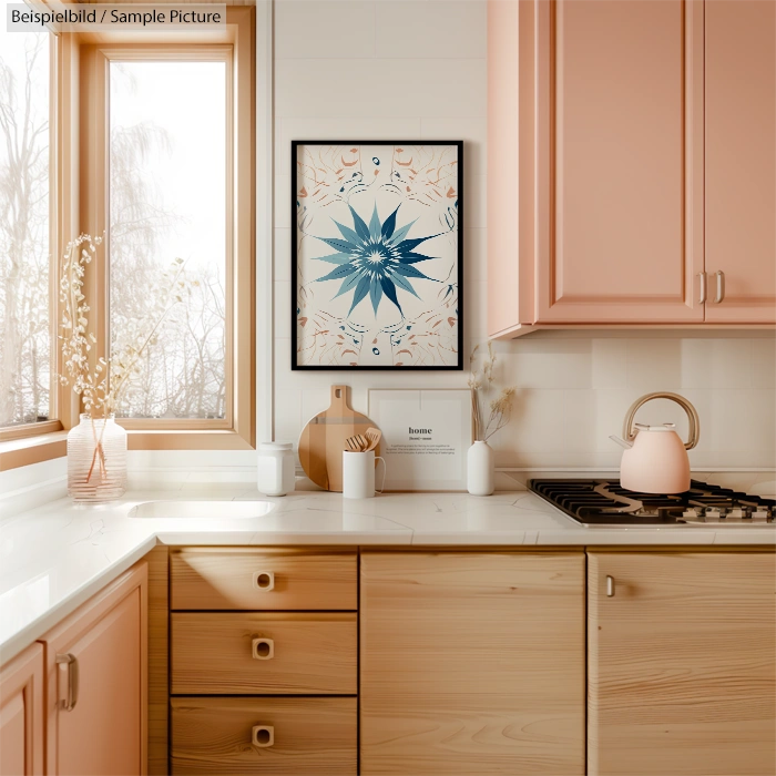 Modern kitchen with pink cabinets, wooden counters, a framed starburst art piece, and natural light from a large window.