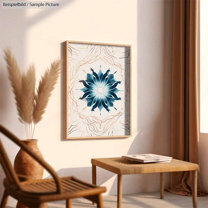 Framed abstract mandala art in room with wooden decor and dried pampas grass in vase.