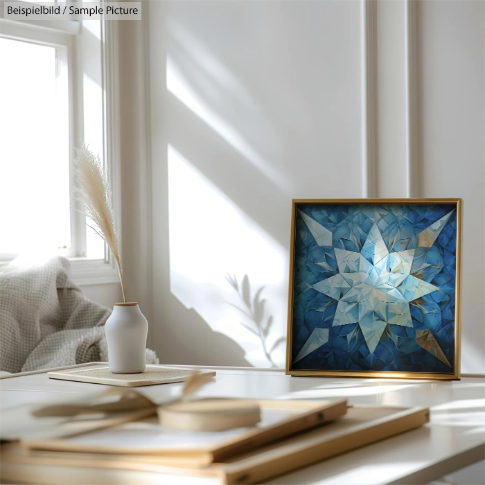 Decorative geometric art framed in a room with sunlight, a white vase, and dried plant displayed on a countertop.