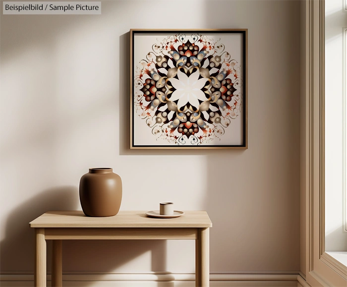 Minimalist room with mandala artwork, vase, and mug on wooden table.