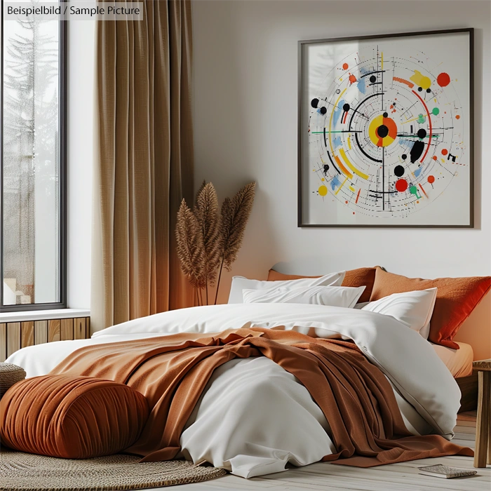 Modern bedroom with abstract artwork, earth-toned bedding, and large window with a view of trees.