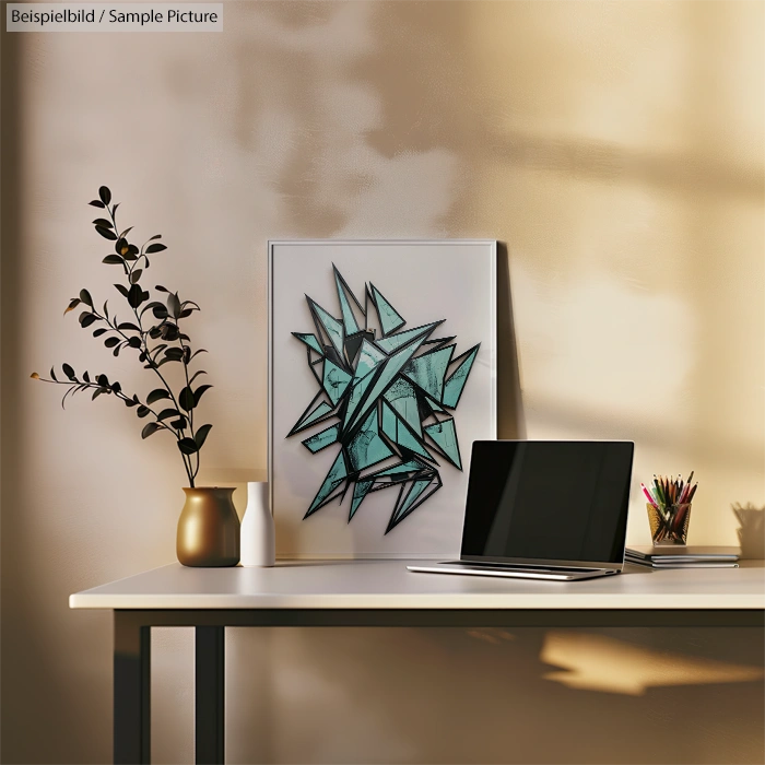 Stylish home office with laptop, abstract art, and vase on desk in sunlight.