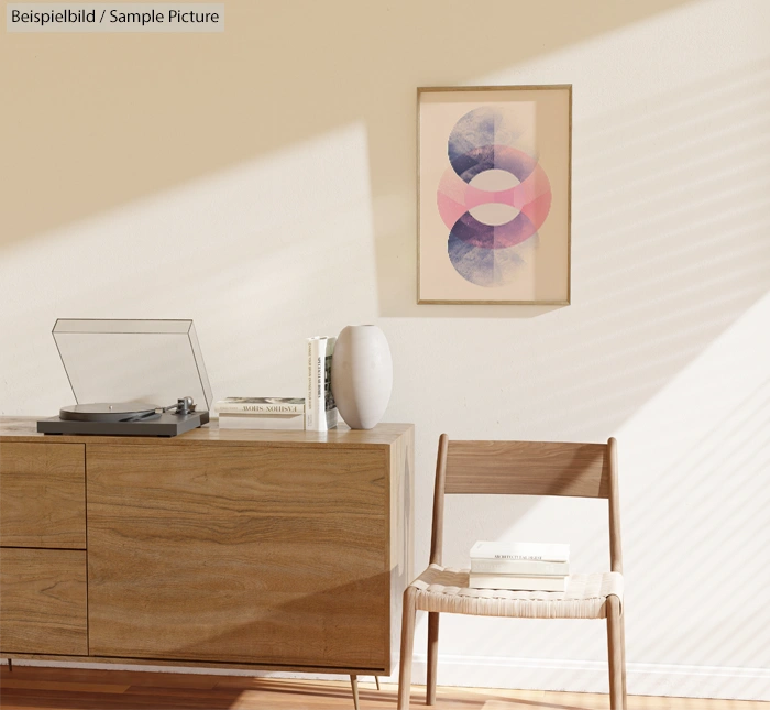 Modern living room with wooden sideboard, turntable, and abstract geometric art on wall.