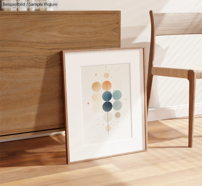 Framed abstract art with geometric circles in pastel colors, leaning against a wooden furniture piece next to a chair.