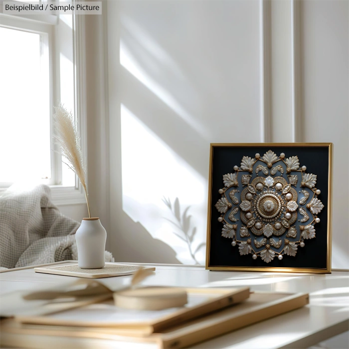 Elegant metallic floral artwork in a gold frame on a sunlit table, next to a vase with pampas grass.