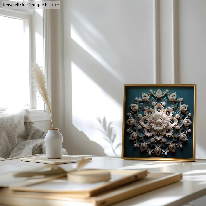 Decorative framed mandala art on a table with a vase and sunlight streaming through a window.