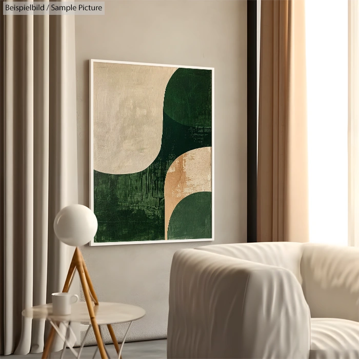 Modern living room with abstract green and beige wall art, white armchair, and minimalist decor.