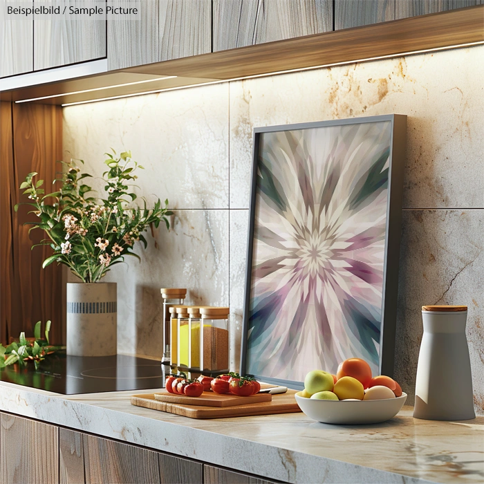 Modern kitchen with abstract art, fruit bowl, and herb plant on marble counter under wooden cabinets.