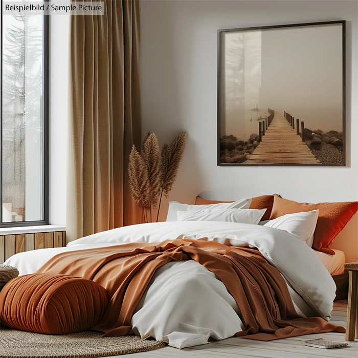 Cozy bedroom with white and orange bedding, wooden accents, and a framed pier photo on cream-colored walls.