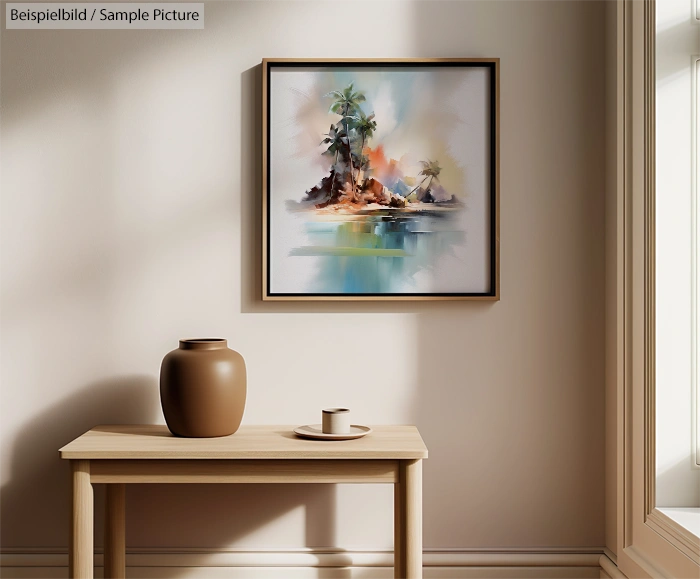 Framed beach landscape painting on wall above wooden table with brown vase and cup.