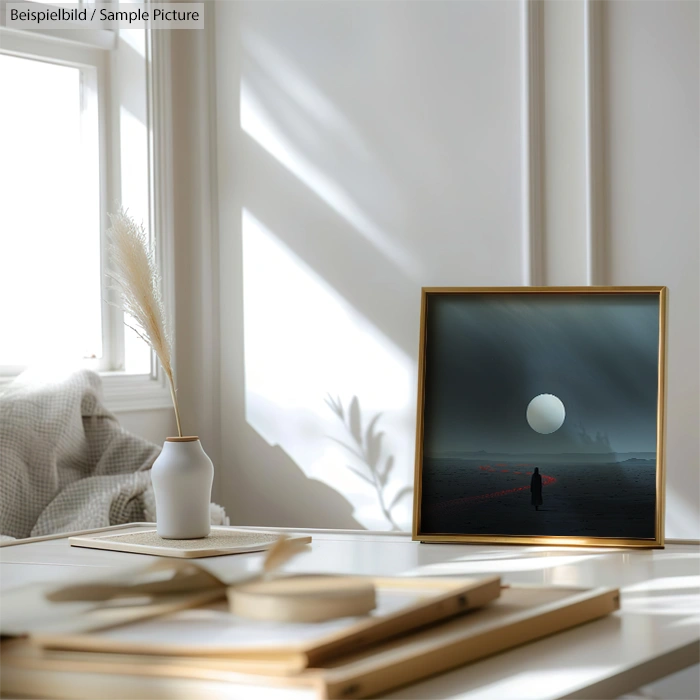 Minimalist decor with pampas grass in vase, painting of a person on dark landscape with moon, on table in bright room.