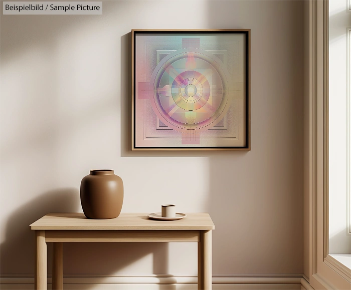 A textured abstract painting in a square frame above a wooden table with a brown vase and cup, warmly lit by sunlight.