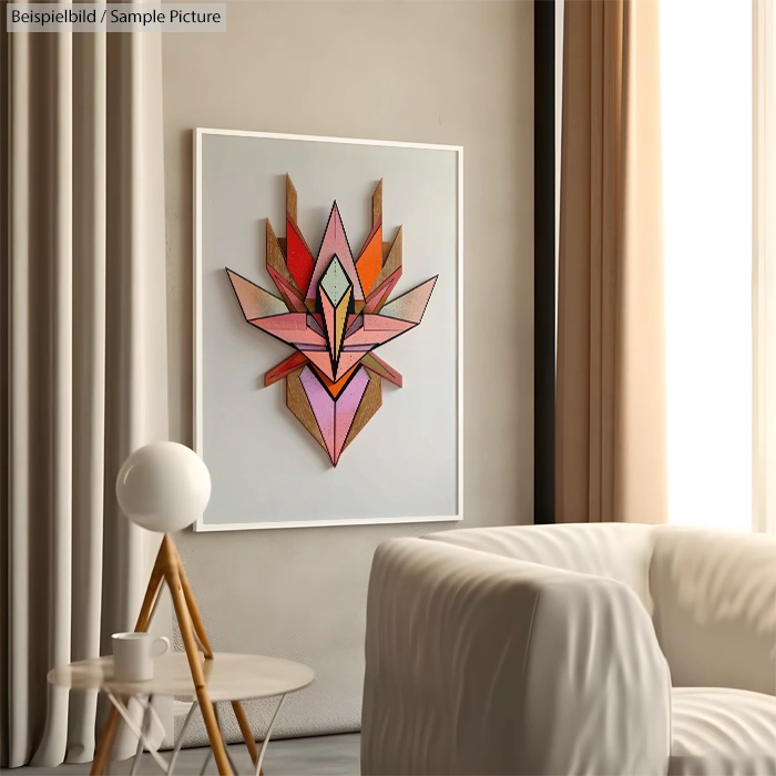 Geometric wooden wall art with pink and brown tones in a modern living room, featuring white armchair and lamp.