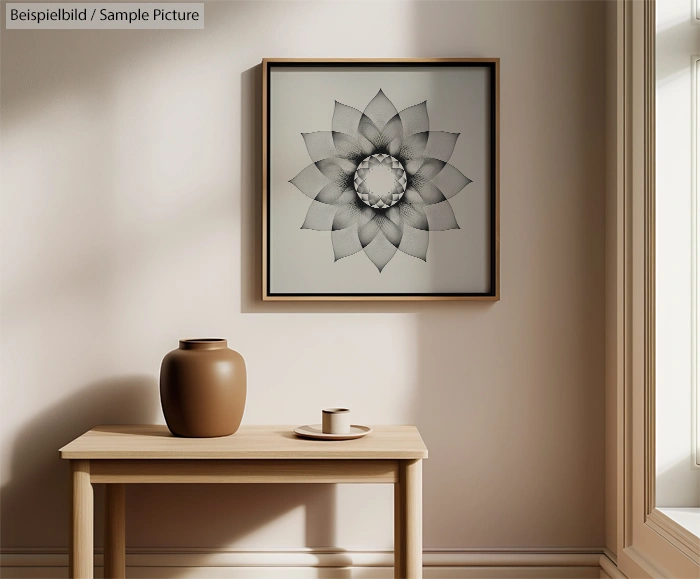 Minimalist room with wooden table, brown vase, cup, and geometric flower artwork framed on wall.