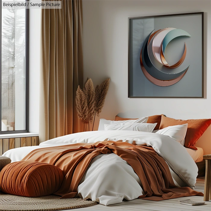 Cozy bedroom with white and rust bedding, pampas grass, and abstract art on the wall. Natural light through large window.