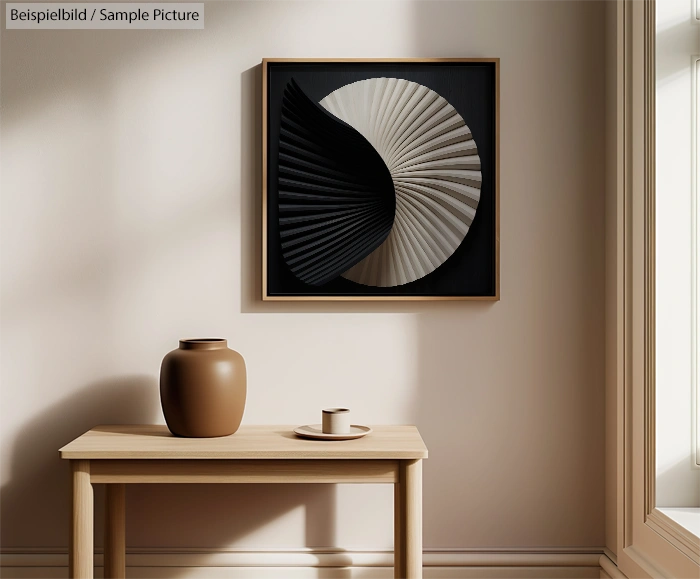 Neutral-toned framed artwork with a circular pattern above a wooden table holding a vase and small cup.