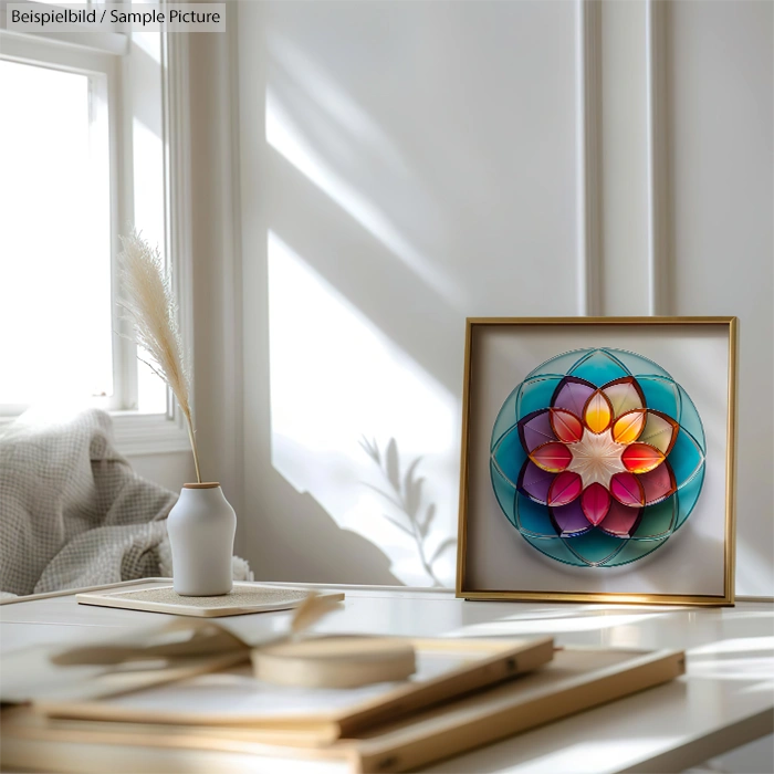 Decorative framed mandala art with colorful geometric pattern on a sunlit table beside a vase with dried grass.