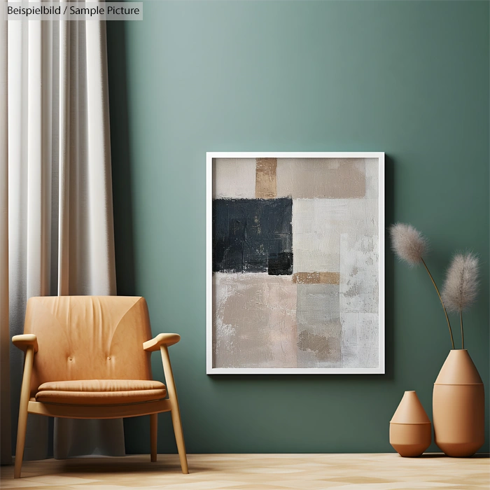 Modern living room with tan chair, abstract art on green wall, and decorative vases on wooden floor.