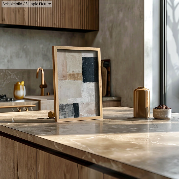 Modern kitchen countertop with abstract painting, wooden cabinets, and sunlight streaming through window.