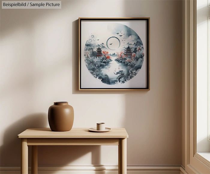 Framed circular landscape painting of pagodas, mountains, and birds on a serene wall above a wooden table with pottery.