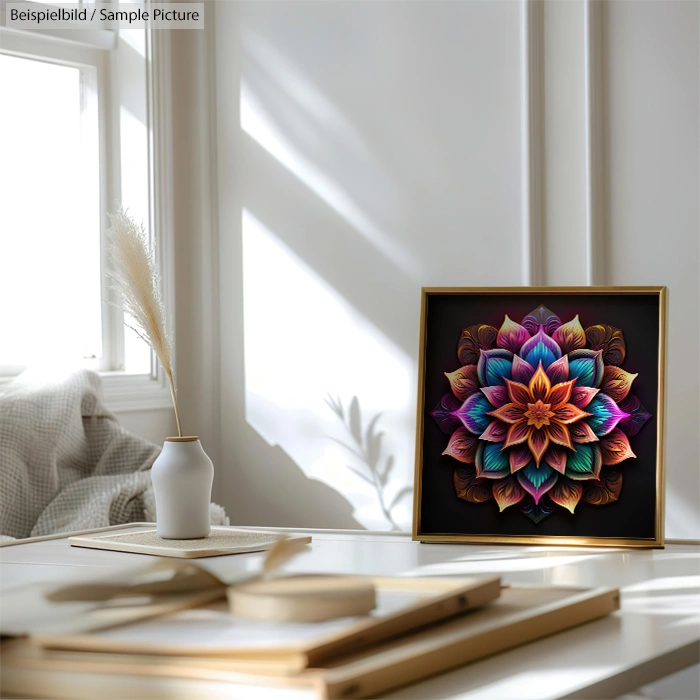 Modern interior with a framed colorful flower artwork on a table beside a vase and window light casting shadows.