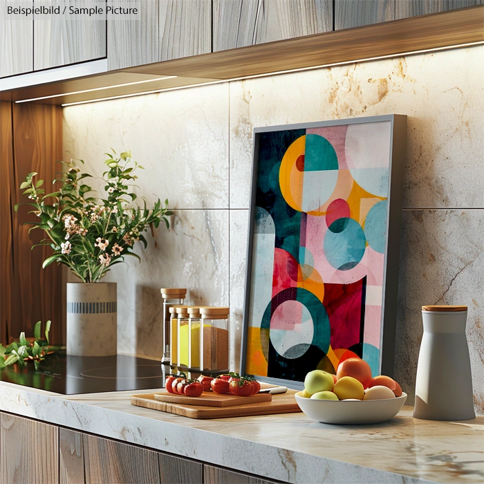 Modern kitchen with geometric art, fresh fruit bowl, spices, and plant on marble countertop.