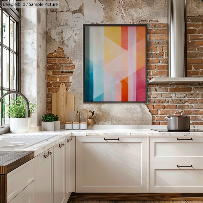 Modern kitchen with white cabinets, brick wall, abstract colorful artwork, and large window with natural light.