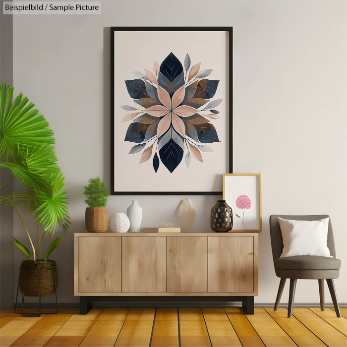 Modern living room with botanical art, wooden sideboard, potted plants, and cushioned chair on wood flooring.