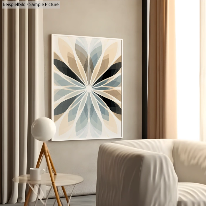 Modern living room with abstract geometric painting and white chair.