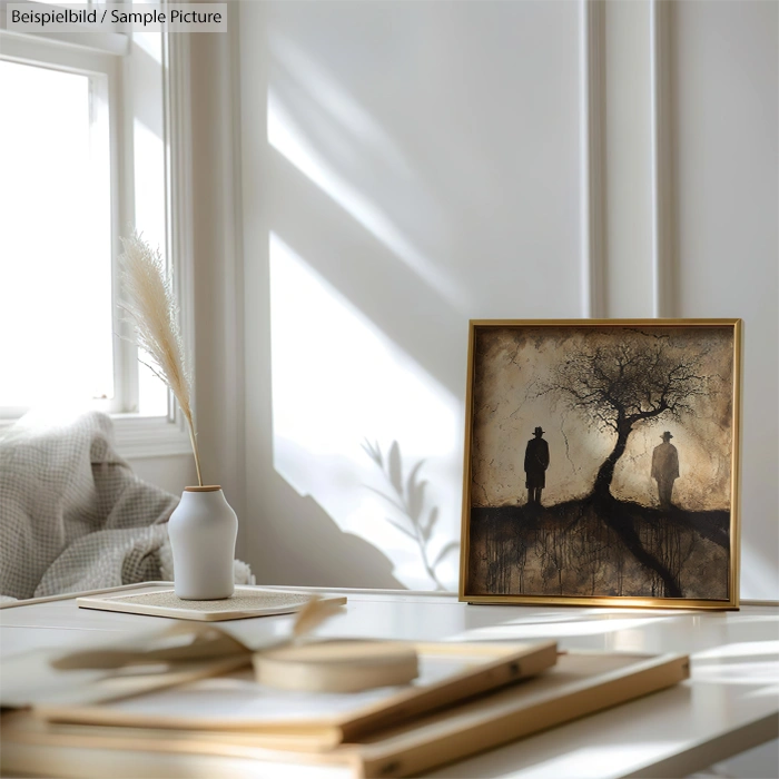 Framed artwork with silhouette of man and tree on table near window with soft sunlight and vase with dried grass.